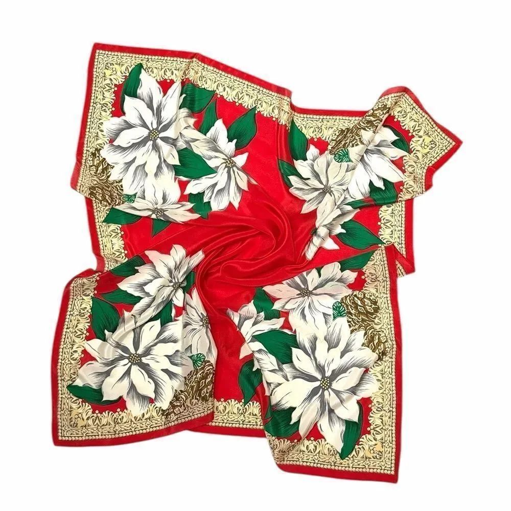 Elaine Gold Red Silk Scarf Christmas White Poinsettia Vintage Korea